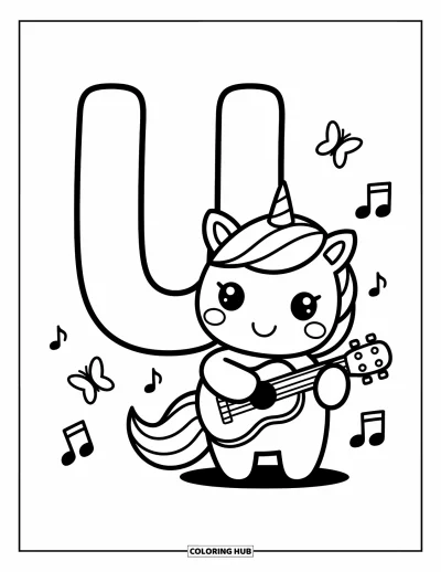 Yetişkinler için U Harfi Boyama Sayfası: U harfi parlarken tek boynuzlu at ukulele çalıyor ve yakında kelebekler dans ediyor