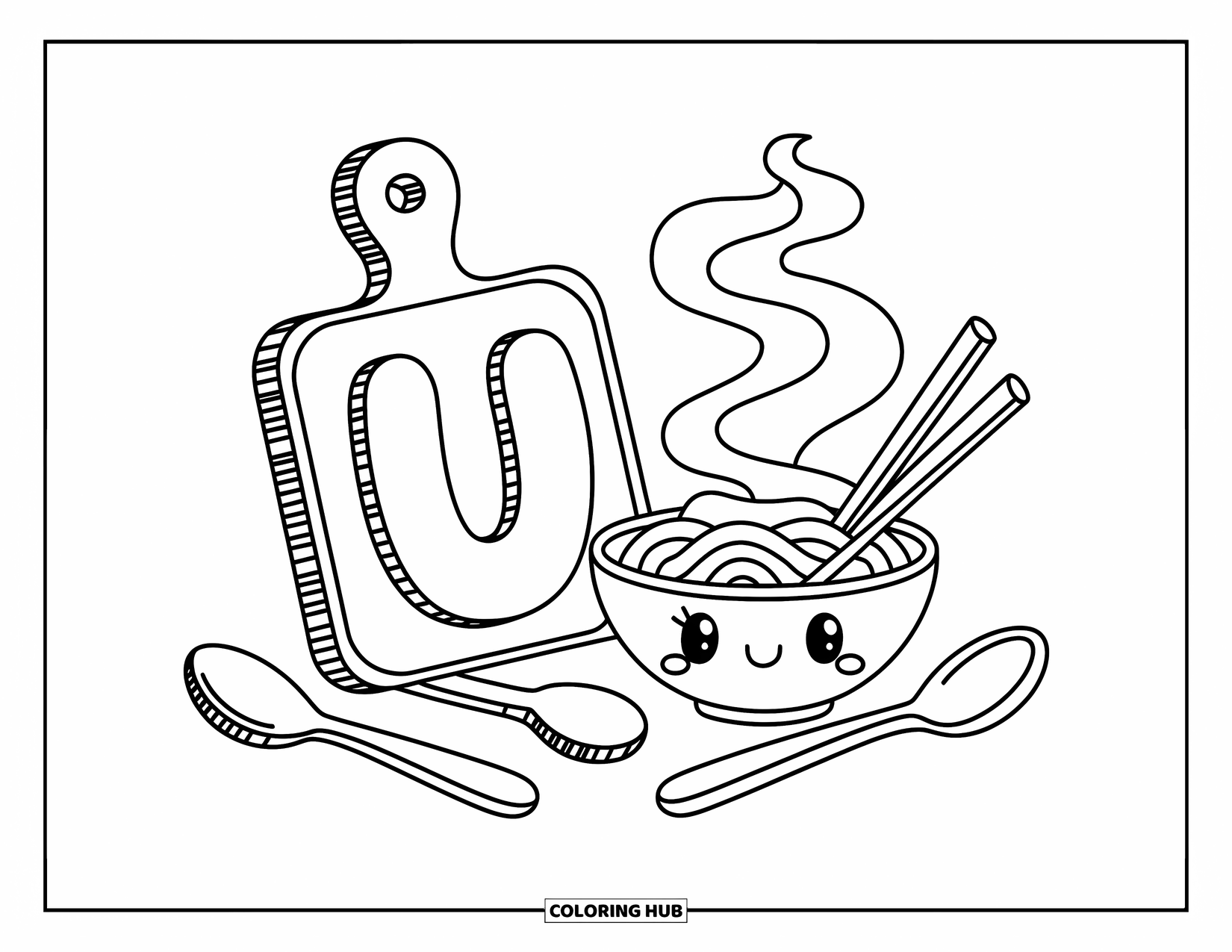 Letter U Coloring Page for Adults: Letter U is framed by a bowl of udon and happy utensils