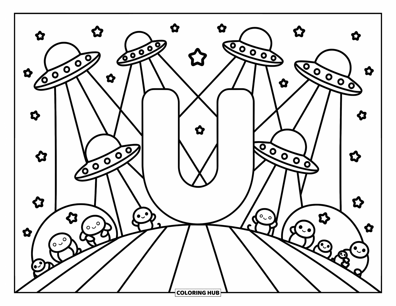 Letter U Coloring Page for Adults: Letter U rests under UFOs and stars with curious creatures hiding nearby