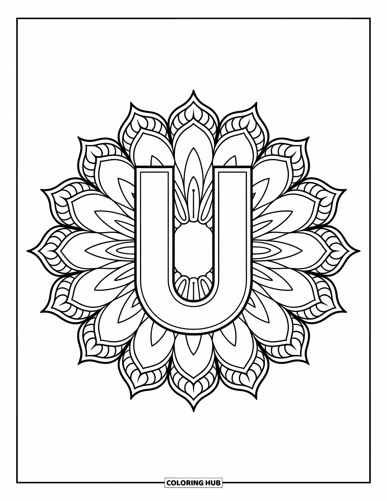 Letter U Coloring Page for Adults: Letter U sits at the center of expanding lotus mandala petals