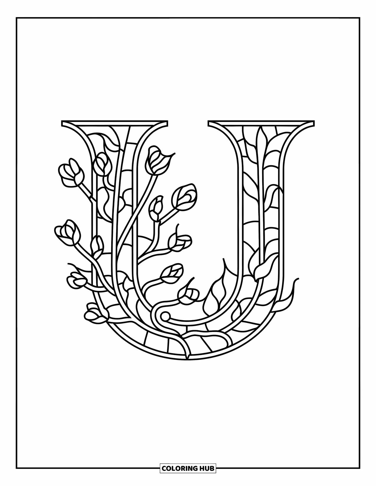 Letter U Coloring Page for Adults: Stained glass-style U with blossoms, curves, and branching floral elements