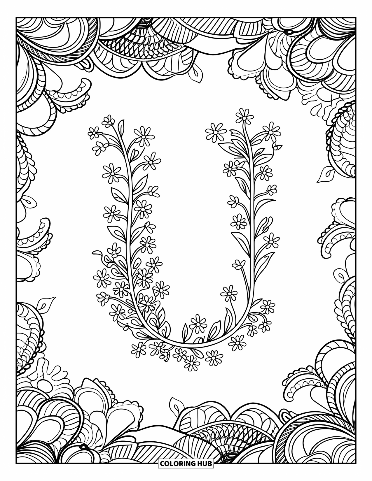 Letter U Coloring Page for Adults: The letter U is formed from vines and flowers within a detailed mandala