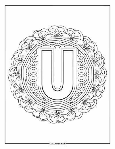 Yetişkinler için U Harfi Boyama Sayfası: U, meditasyon hissi veren sakin bir desenle çiçek halkaları içinde çerçevelenmiş