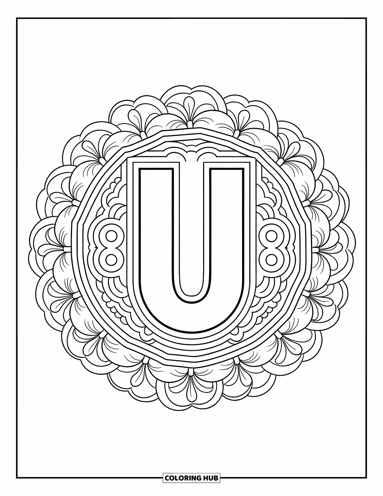 Letter U Coloring Page for Adults: U is framed by floral rings forming a meditative, peaceful pattern