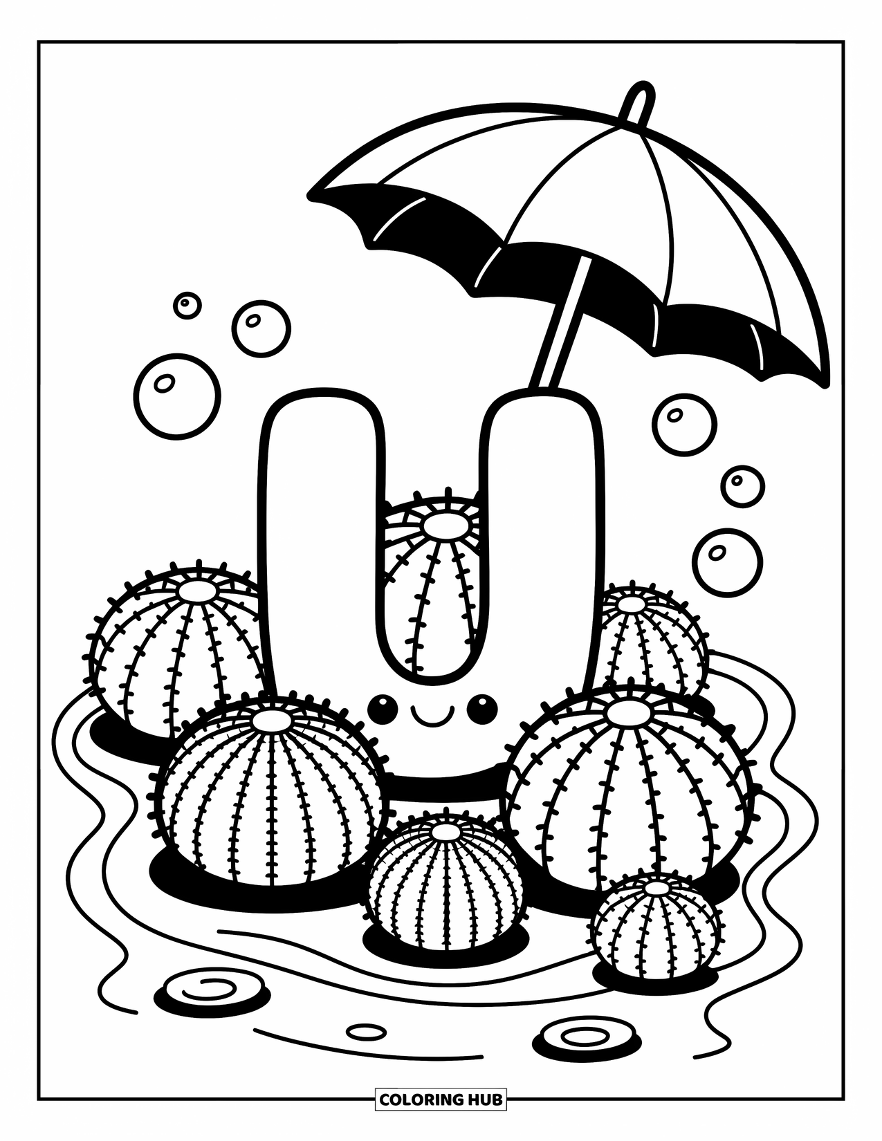 Letter U Coloring Page for Adults: U nestled with sea urchins under an umbrella leaf and floating bubbles