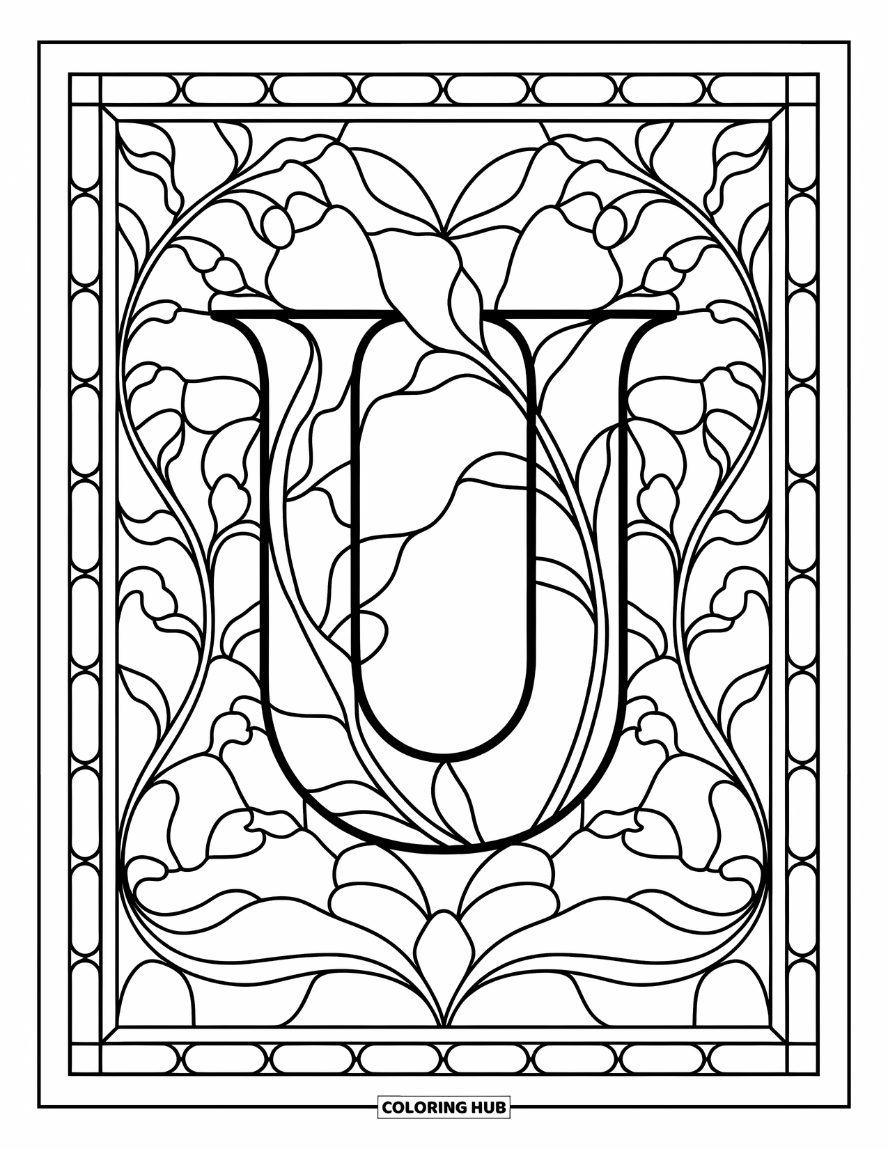 Letter U Coloring Page for Adults: U rests inside a stained glass window with curving floral branches and petals