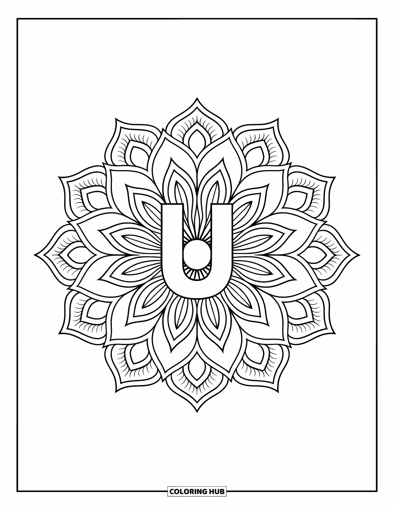 Letter U Coloring Page for Adults: U sits in the middle of symmetrical lotus petals in circular layers