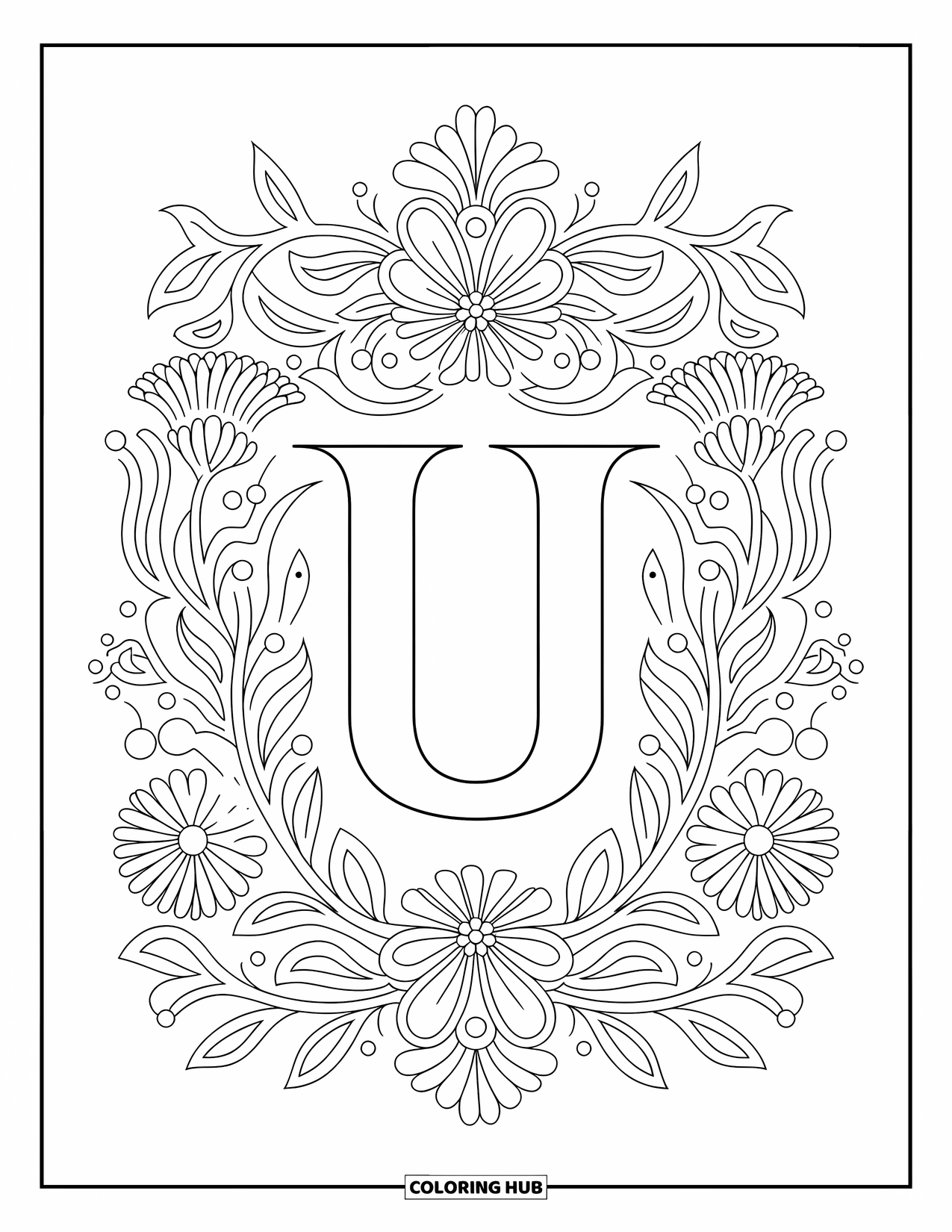 Letter U Coloring Page for Adults: U stands in the middle of elegant floral linework with detailed patterns
