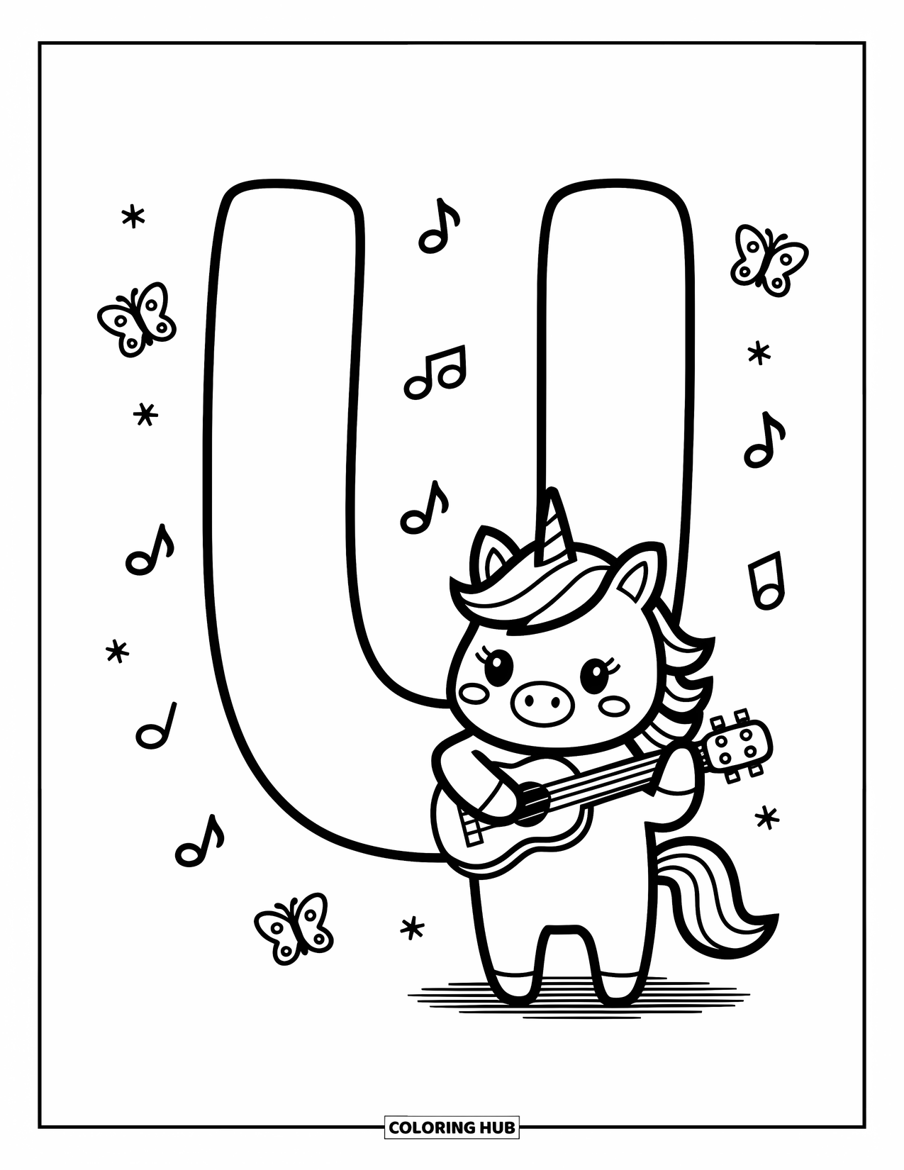 Letter U Coloring Page for Adults: U with a musical unicorn and butterflies in a sweet, relaxing scene