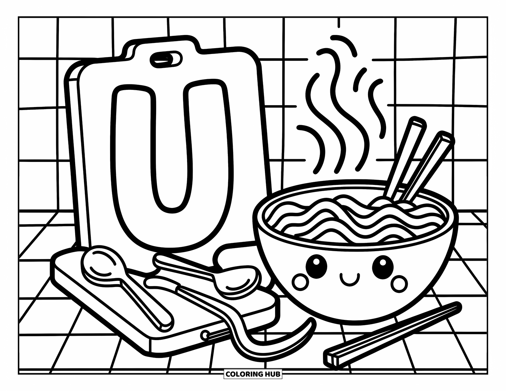Letter U Coloring Page for Adults: U with udon and kawaii kitchenware creates a cozy cooking scene