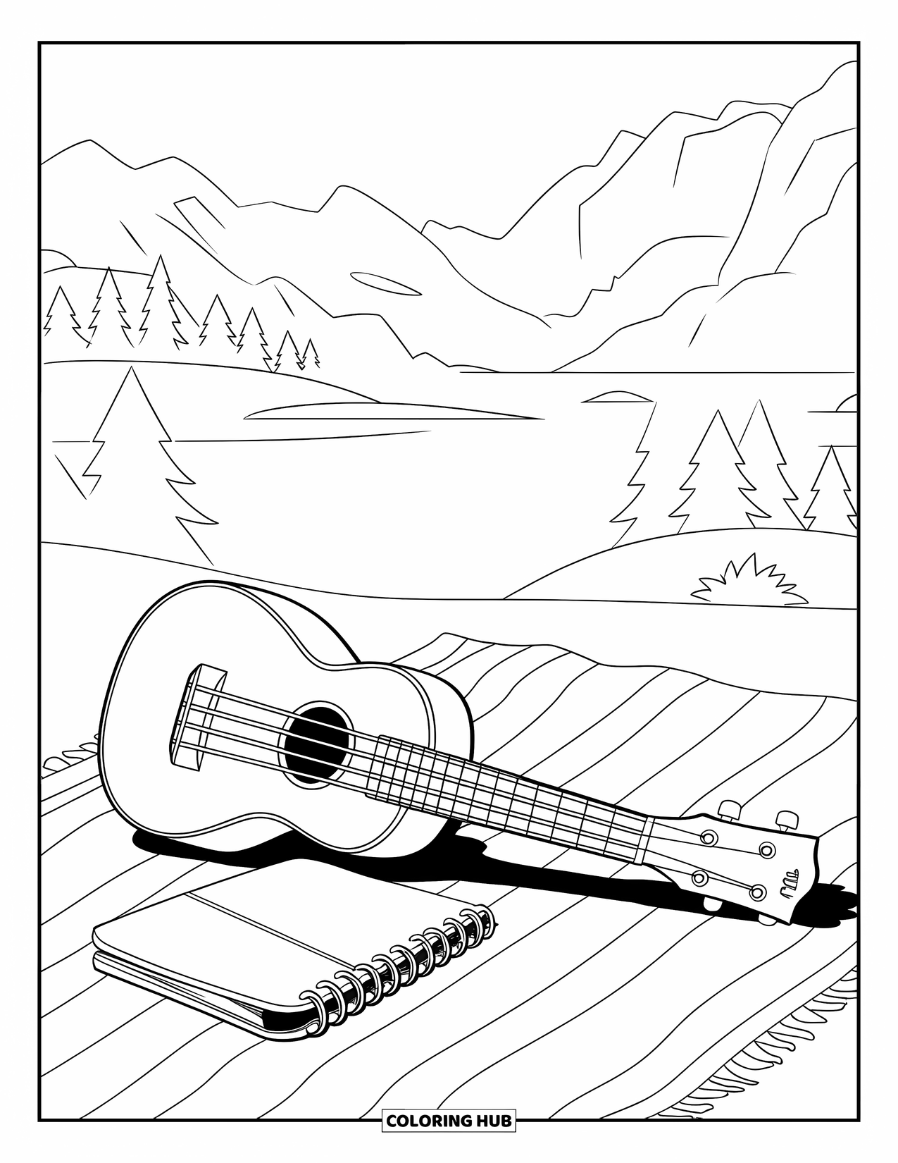 Letter U Coloring Page for Kids: A decorated ukulele lies beside a music notebook in the grass