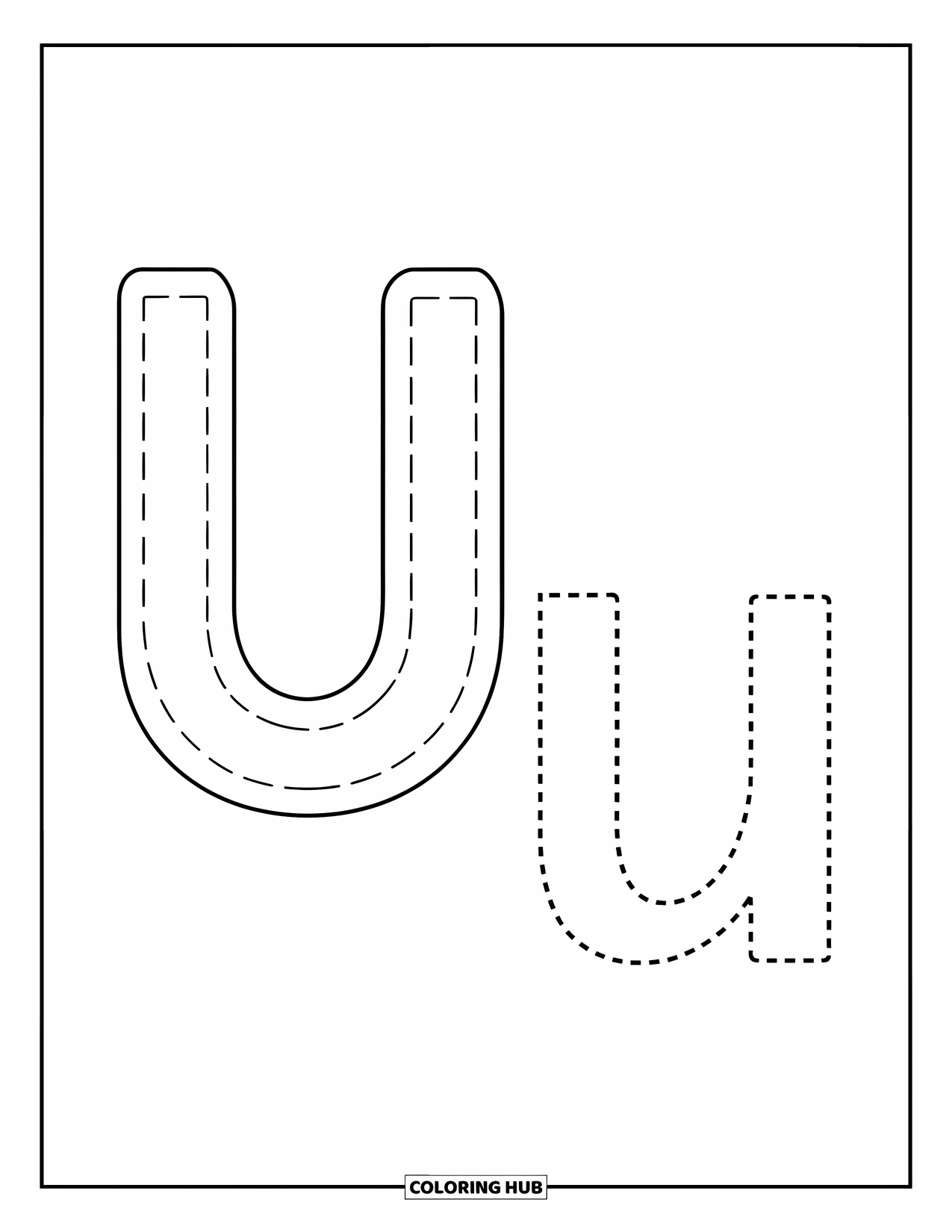 Letter U Coloring Page for Kids: A dotted uppercase U and lowercase u sit side by side for easy tracing