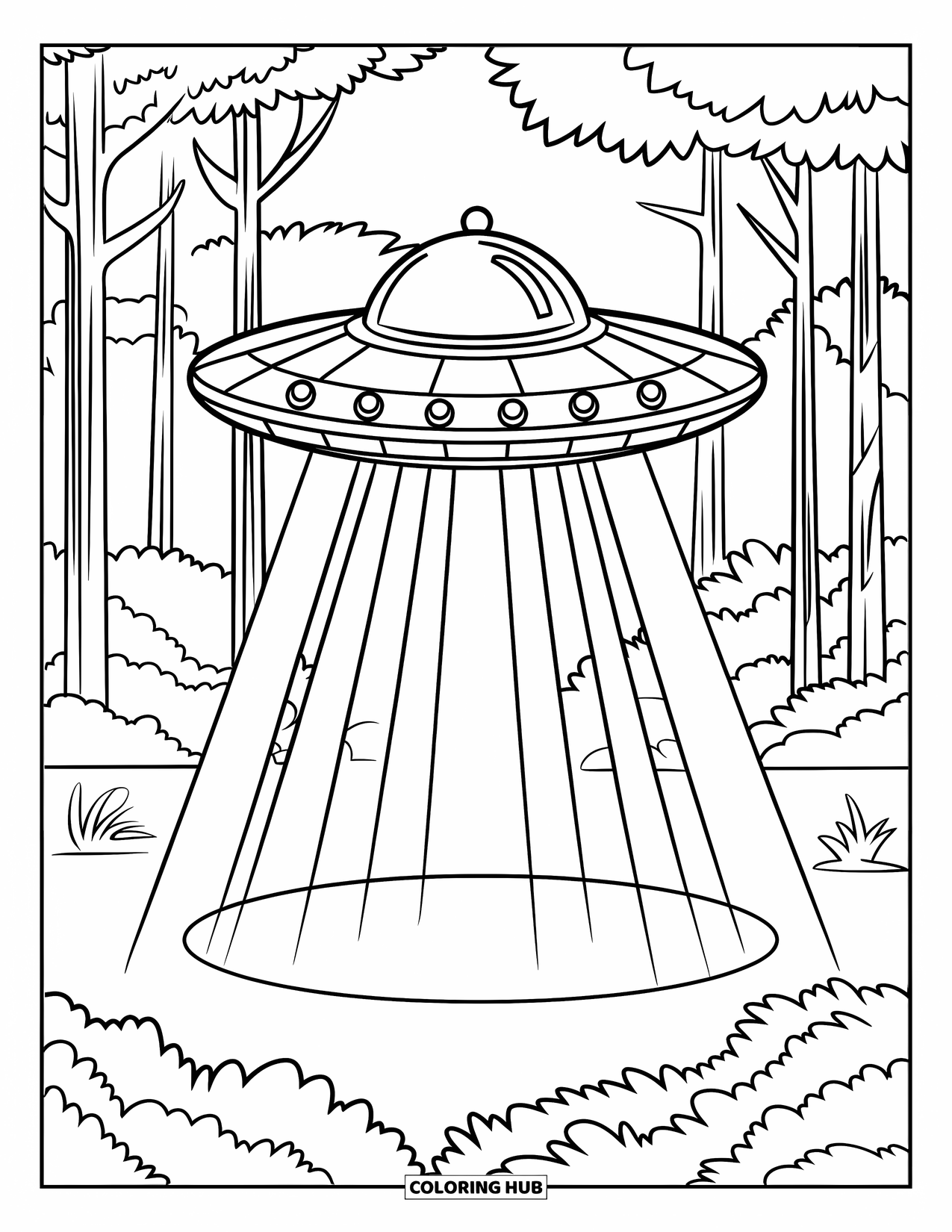 Letter U Coloring Page for Kids: A flying saucer shines spotlights over a quiet forest