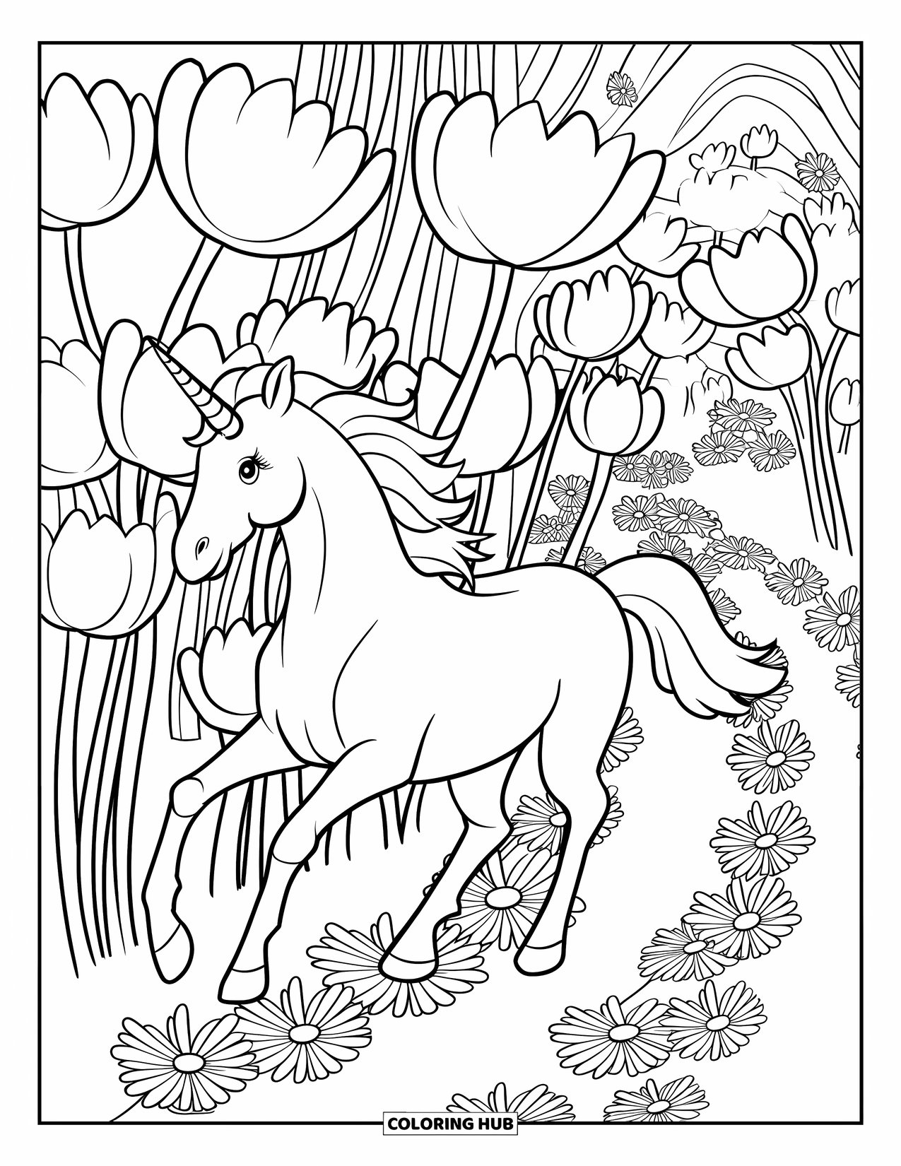 Letter U Coloring Page for Kids: A horned unicorn runs playfully through a flower-lined forest