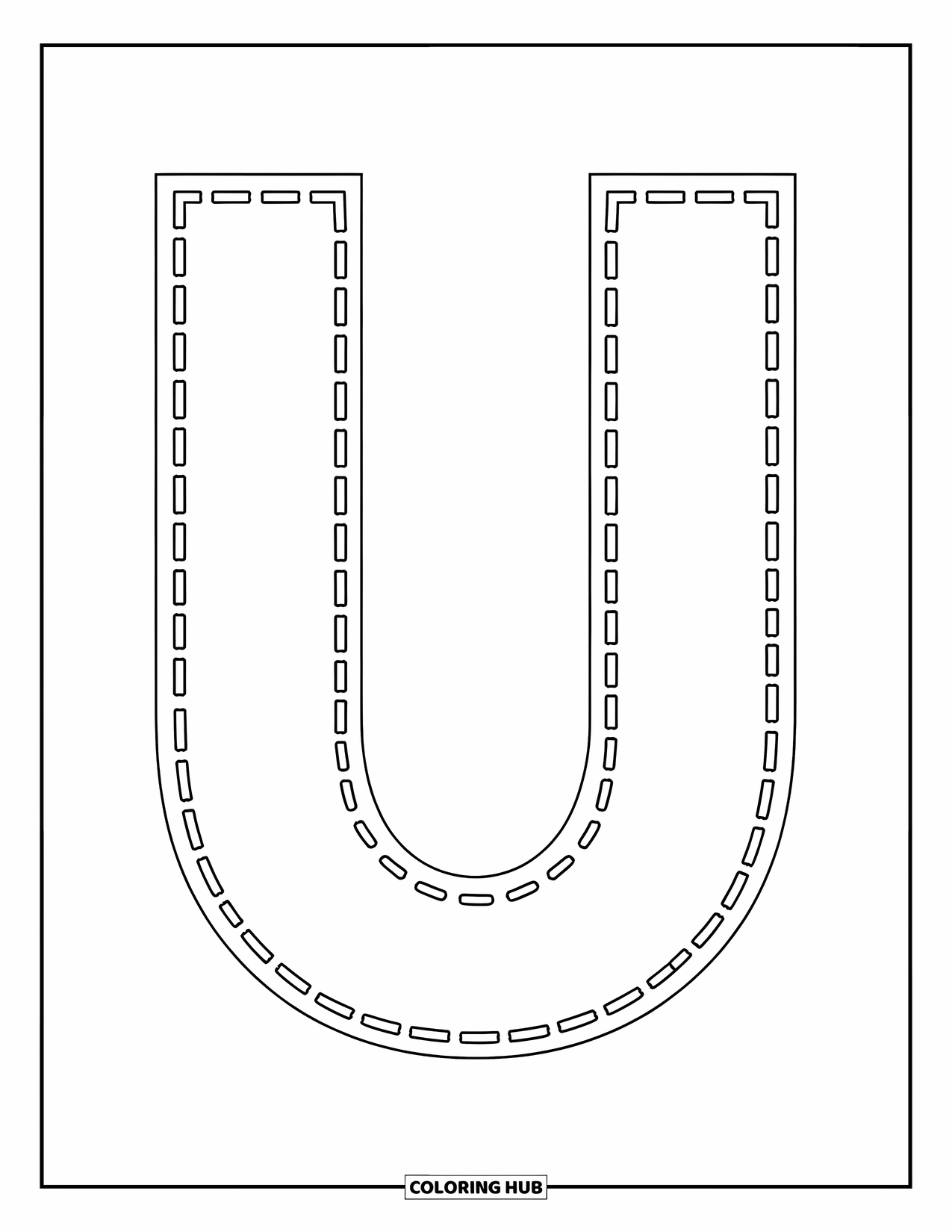 Letter U Coloring Page for Kids: A large dotted-outline uppercase U is centered on a white background for easy tracing