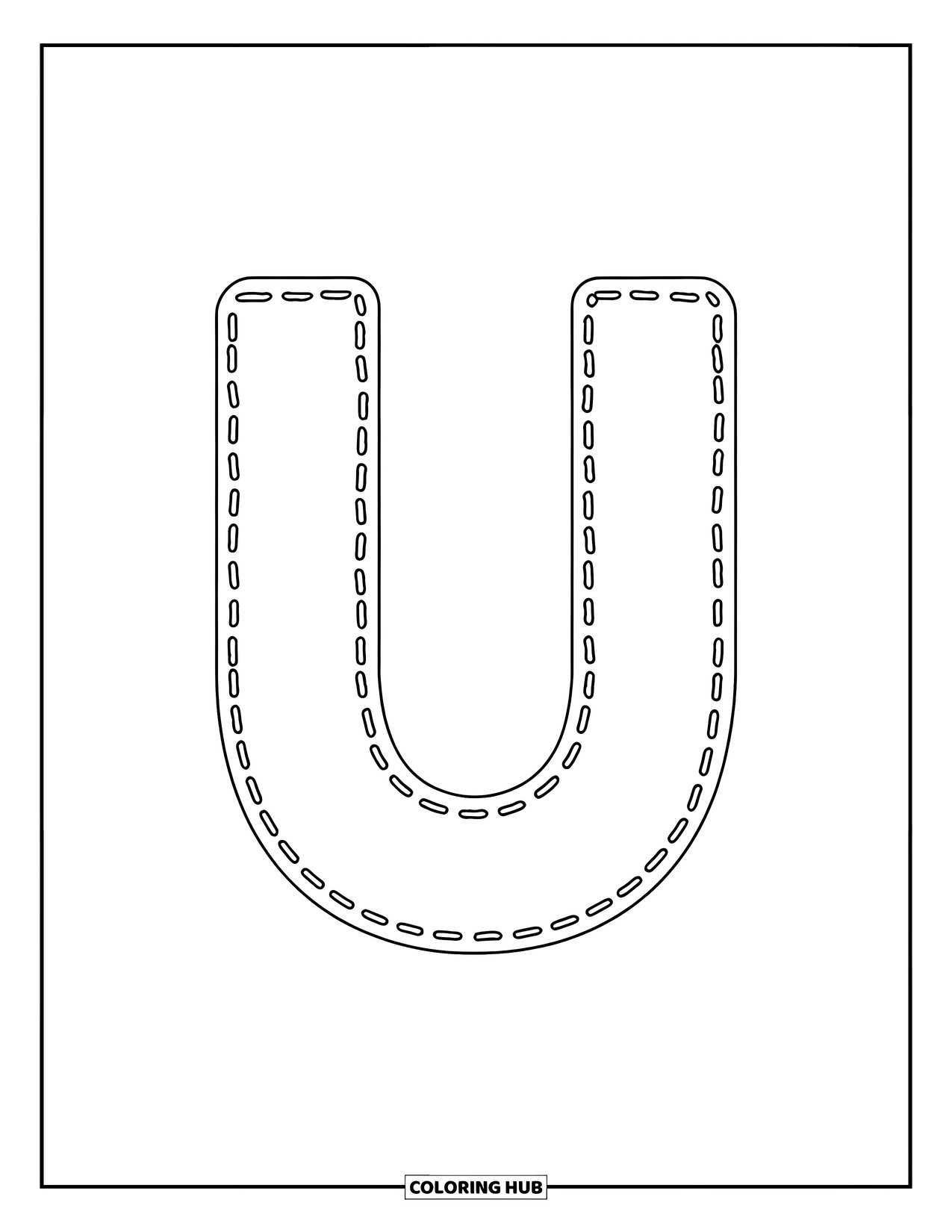 Letter U Coloring Page for Kids: A lowercase u in dotted lines helps preschoolers practice writing