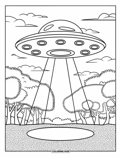 Çocuklar için U Harfi Boyama Sayfası: Gizemli bir UFO ormanı ışık huzmeleriyle aydınlatıyor