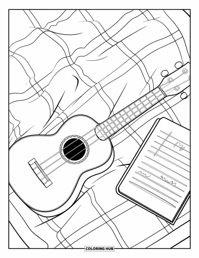 Çocuklar için U Harfi Boyama Sayfası: Desenli bir ukulele, piknik örtüsünde nota kâğıdının yanında duruyor