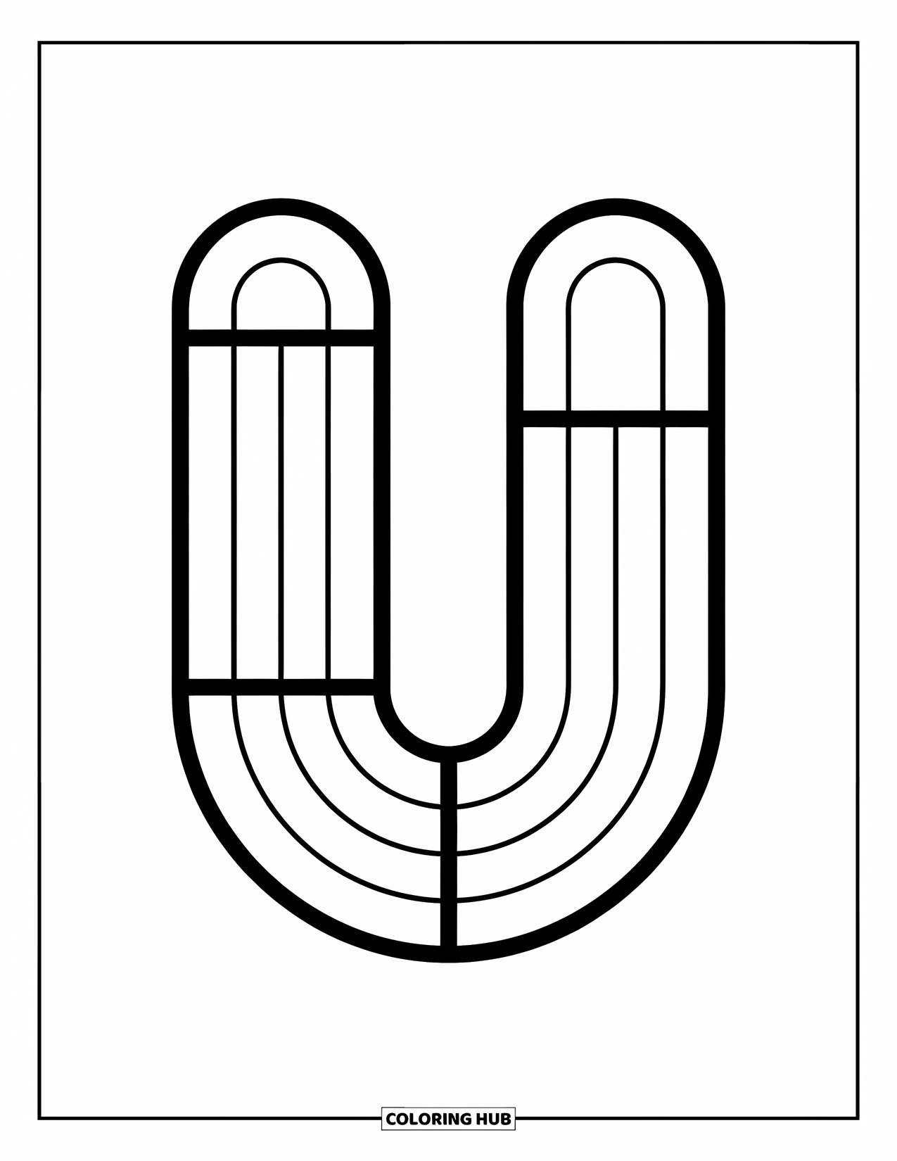 Letter U Coloring Page for Kids: A playful U made of three curved lines forms a circle in the center of a white page