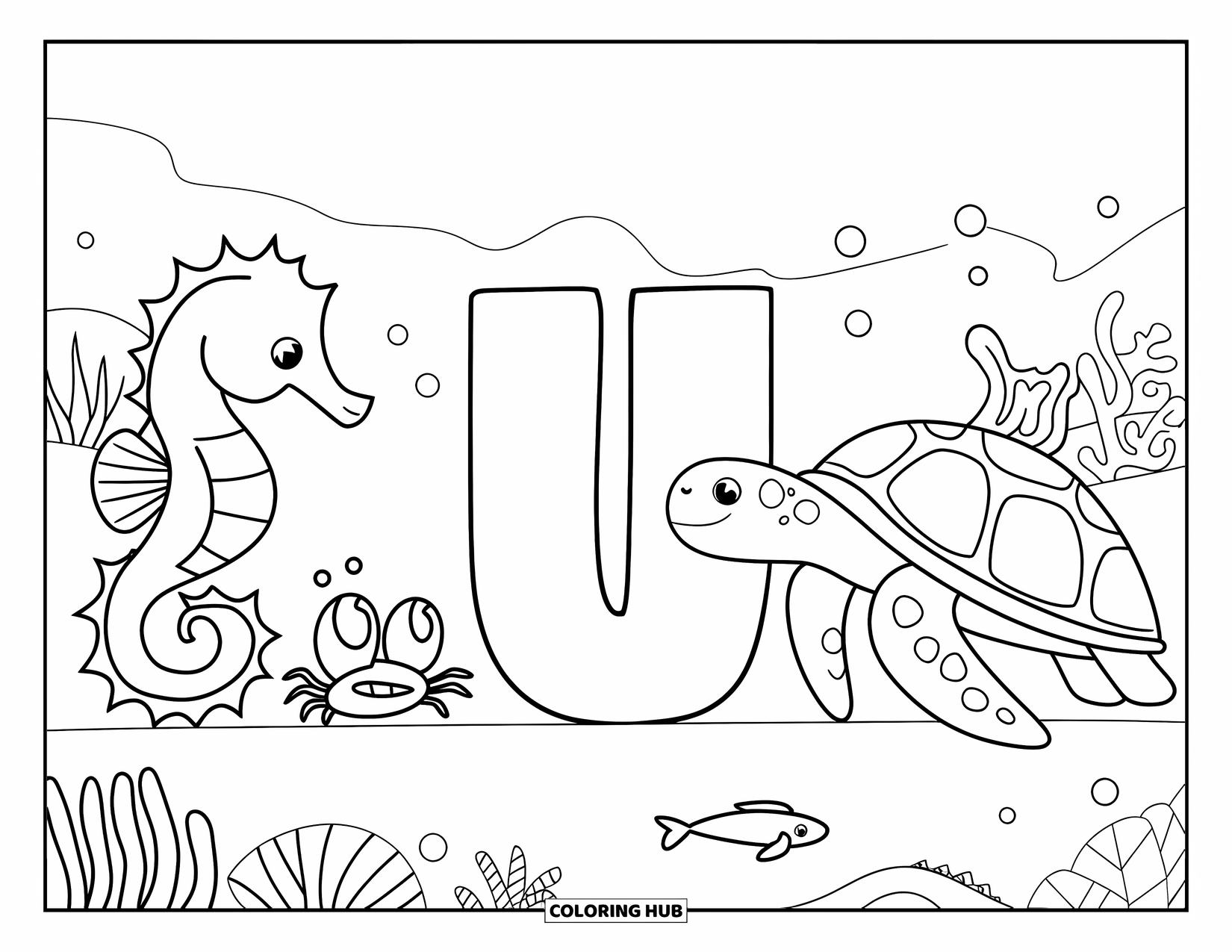 Letter U Coloring Page for Kids: A seahorse and crab swim near the letters U and u