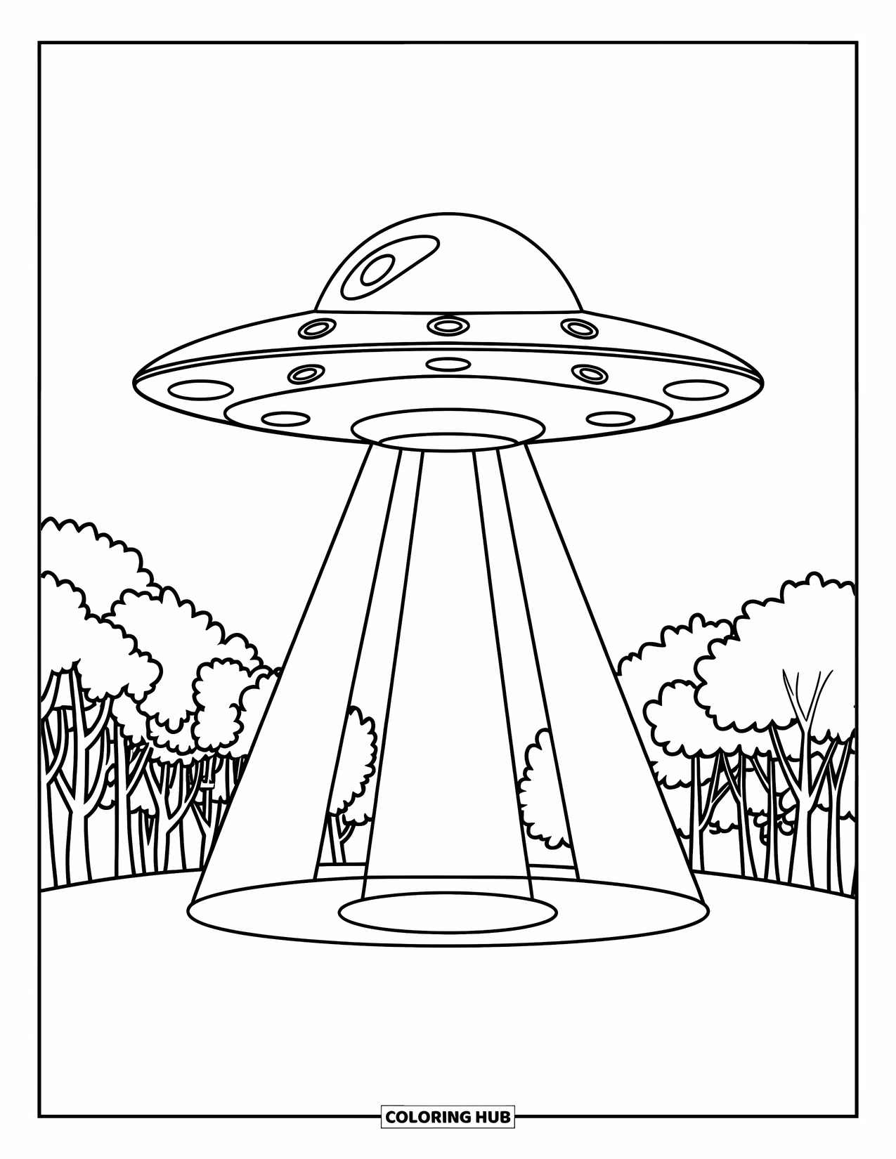 Letter U Coloring Page for Kids: A UFO hovers over a forest clearing with glowing beams