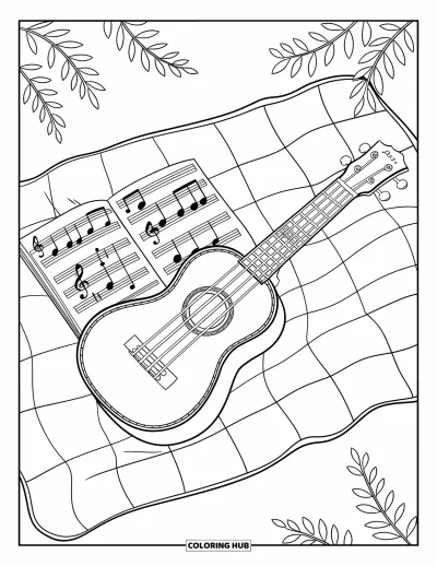 Çocuklar için U Harfi Boyama Sayfası: Desenli bir ukulele, müzik notalarıyla birlikte piknik örtüsünün üzerinde duruyor