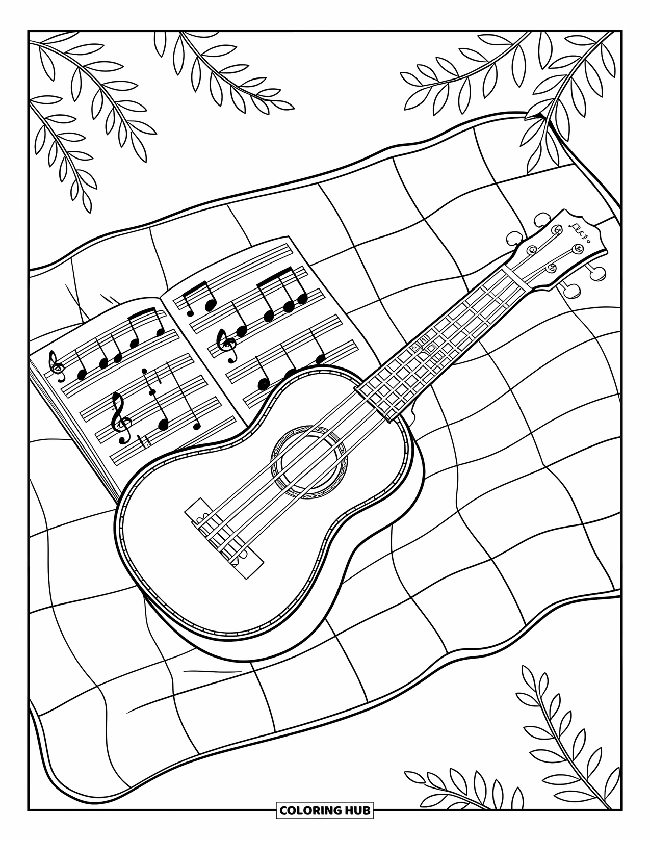 Letter U Coloring Page for Kids: A ukulele with patterns sits on a picnic blanket with music notes