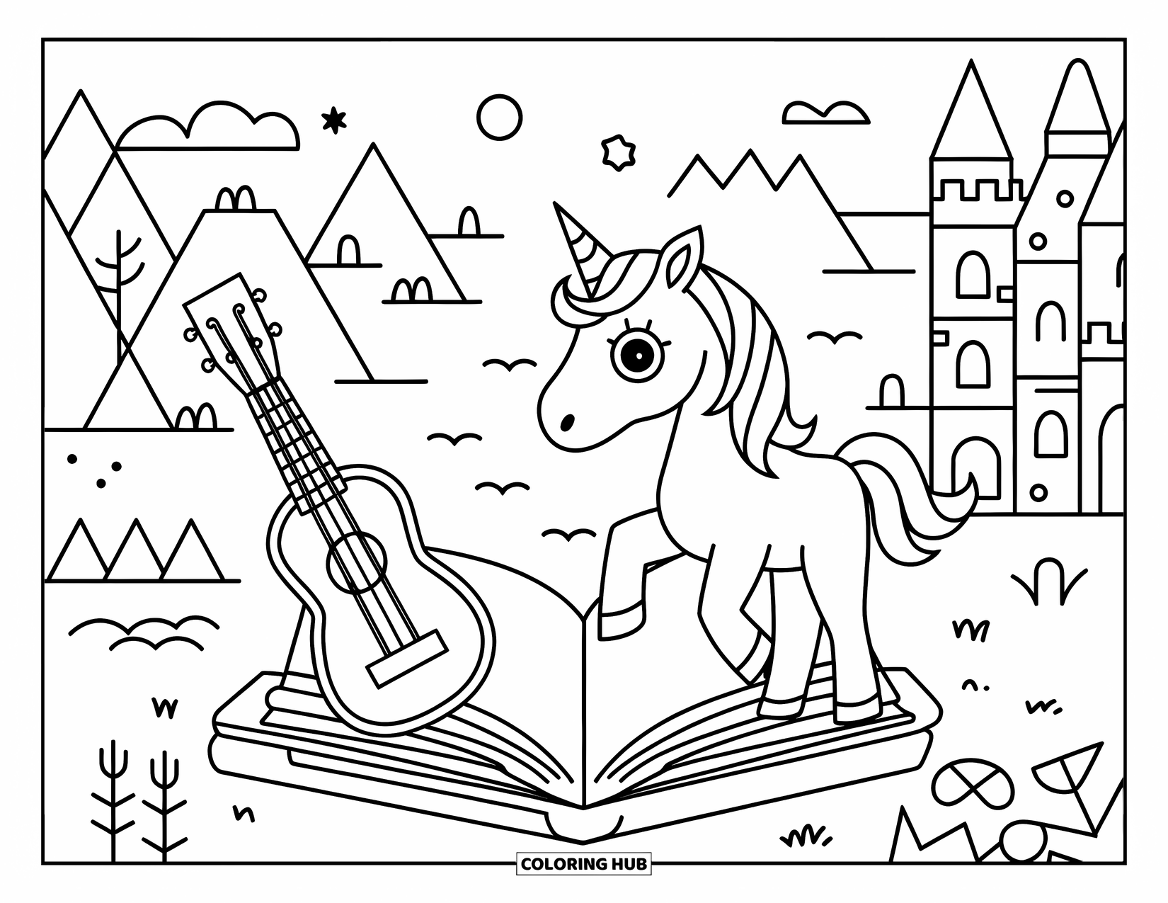 Letter U Coloring Page for Kids: A unicorn and ukulele share a magical moment near a castle