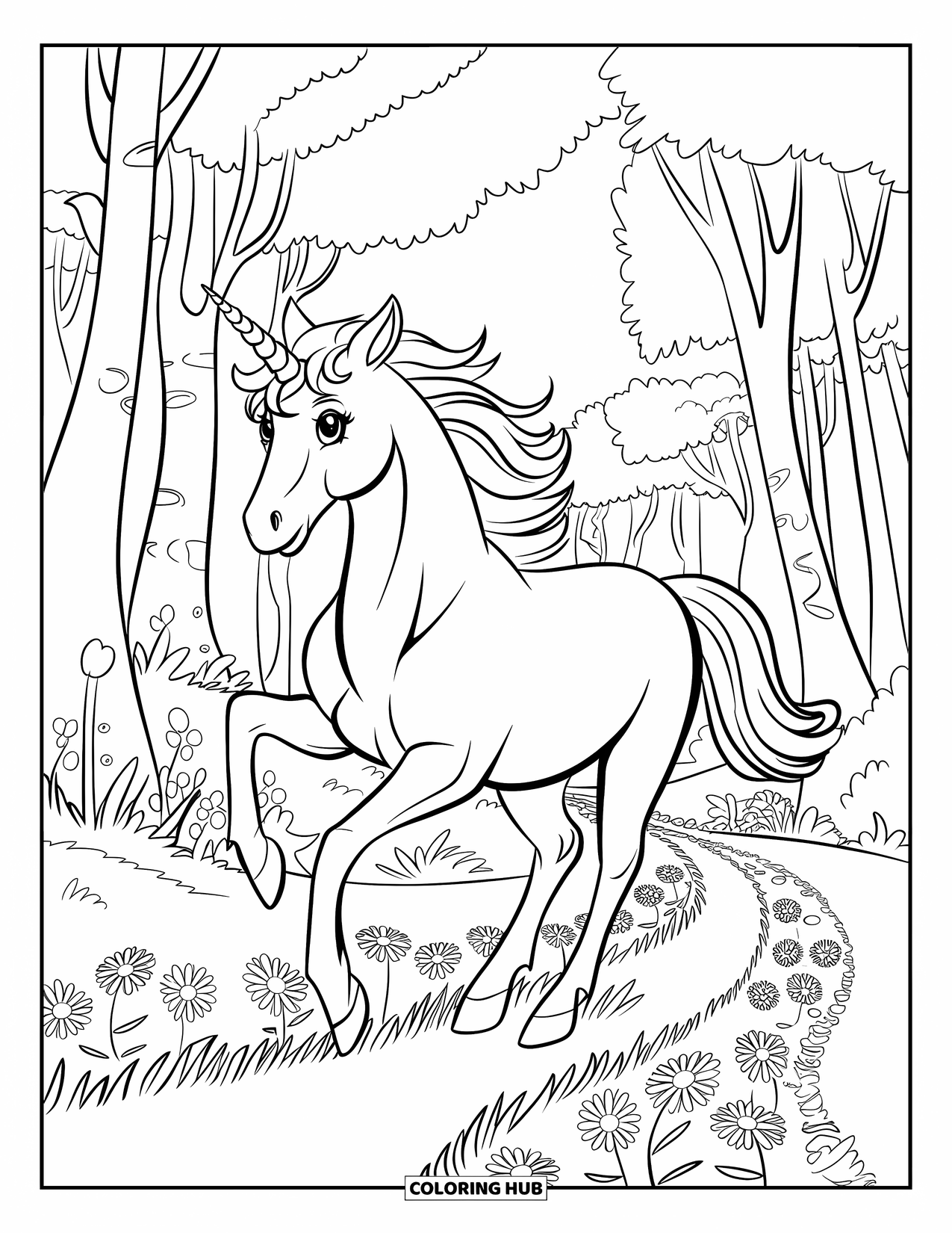 Letter U Coloring Page for Kids: A unicorn gallops down a flower path in a quiet forest