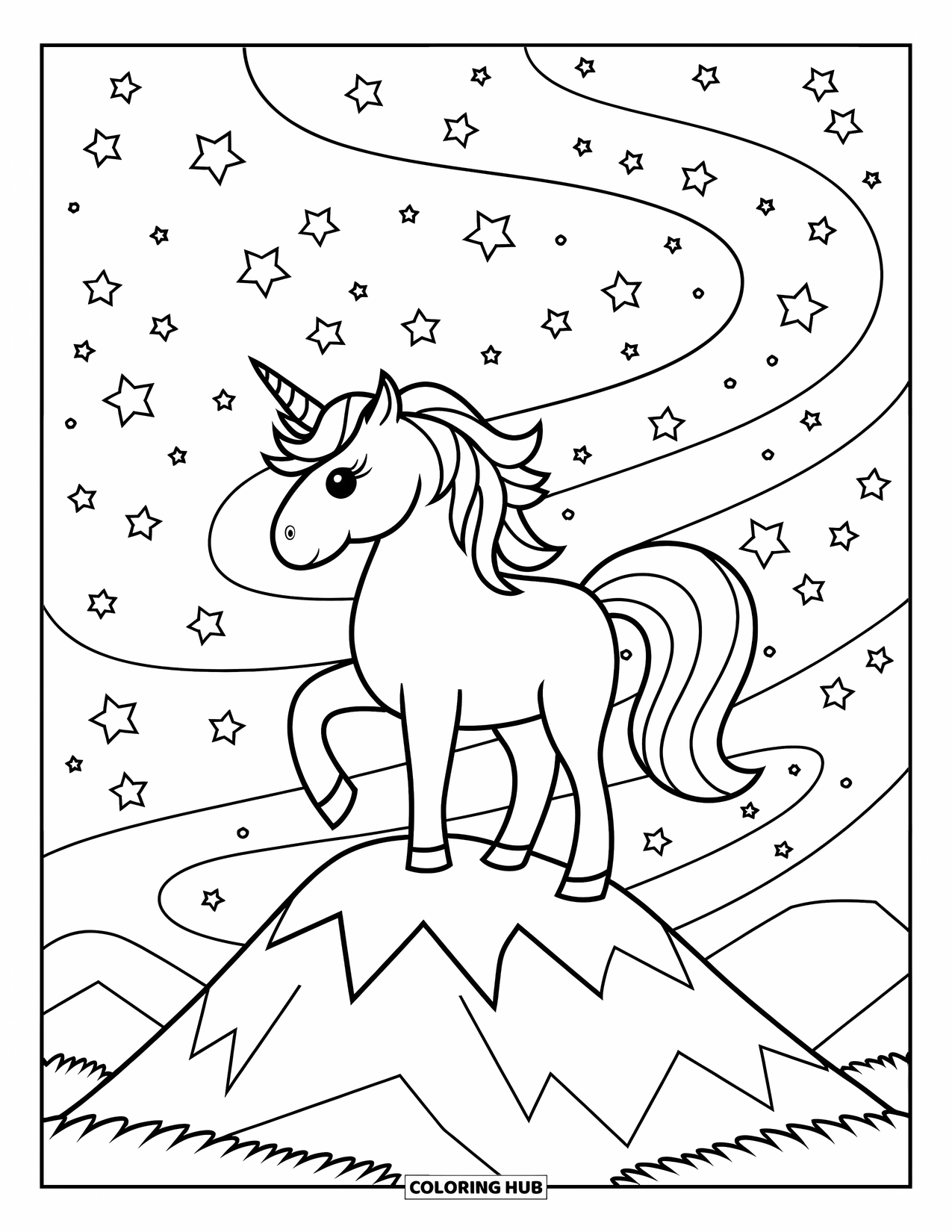 Letter U Coloring Page for Kids: A unicorn stands on a mountain under a swirling starry sky