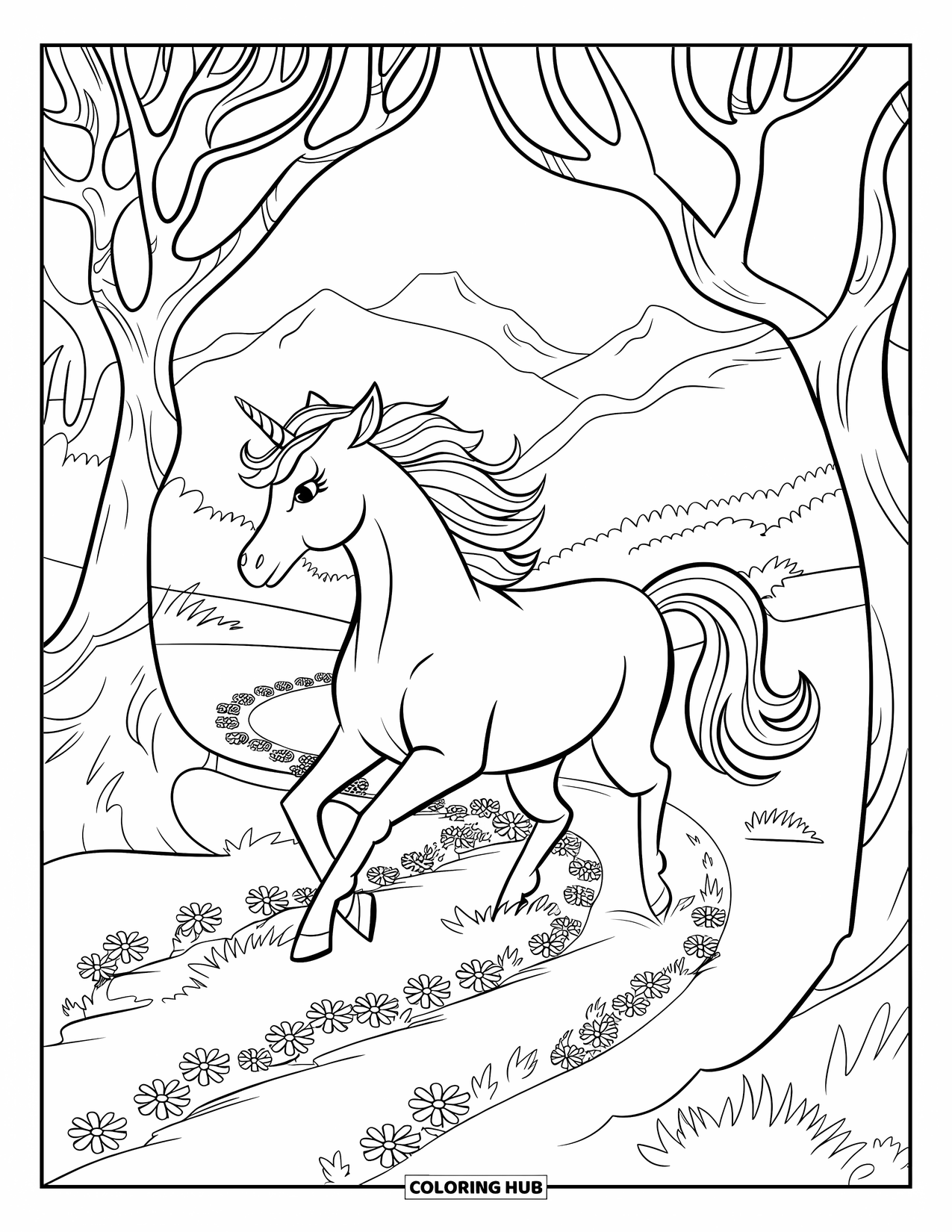 Letter U Coloring Page for Kids: A unicorn trots through a magical forest filled with flowers
