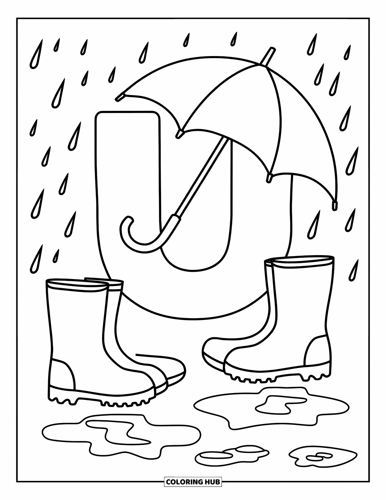 Letter U Coloring Page for Kids: Raindrops and umbrellas frame a U on a wet-weather day