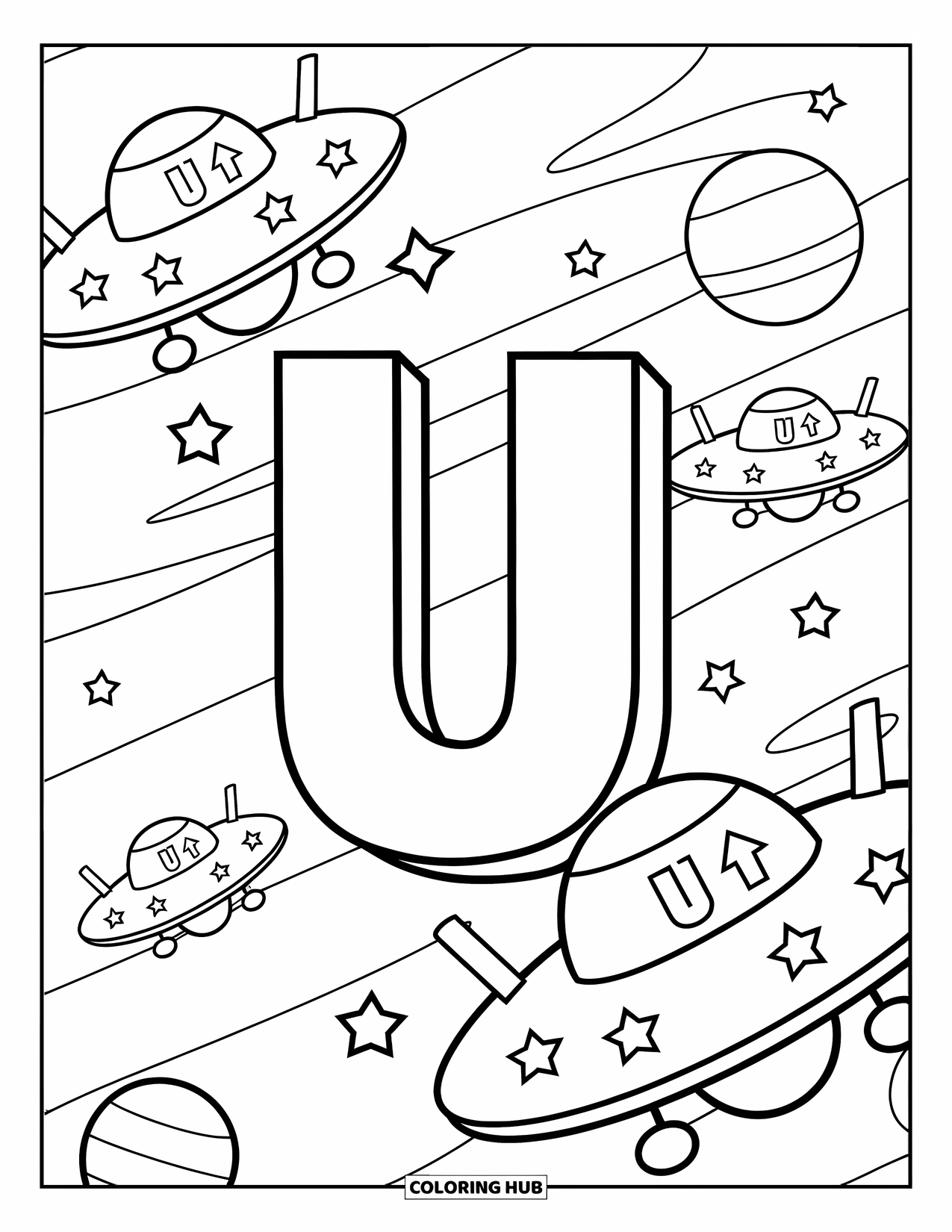 Letter U Coloring Page for Kids: Stars, arrows, and UFOs surround a large U in space