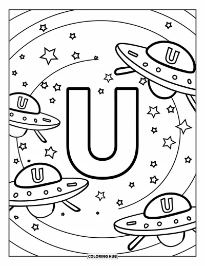 Çocuklar için U Harfi Boyama Sayfası: U harfi uzayda UFO'lar, yukarı oklar ve yıldızlar arasında süzülüyor