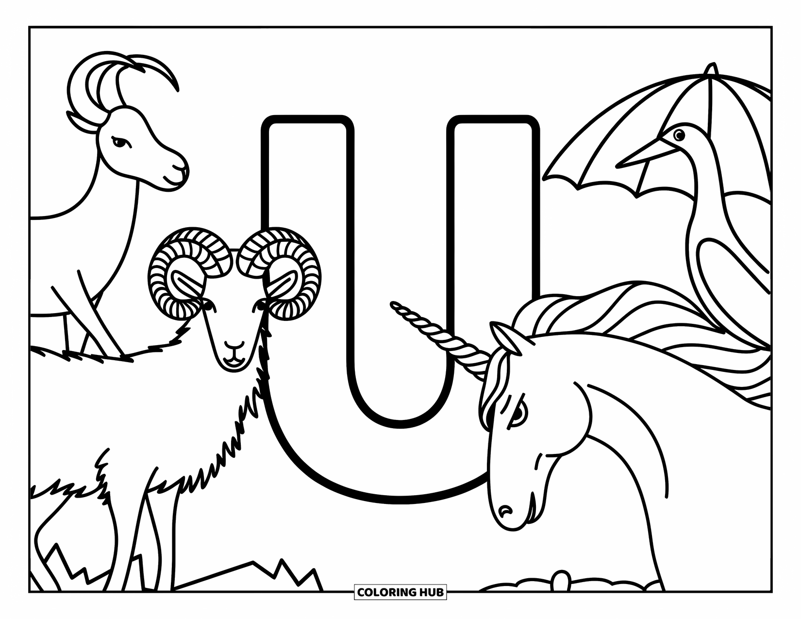 Letter U Coloring Page for Kids: The letter U is surrounded by a urial, umbrellabird, and unicorn