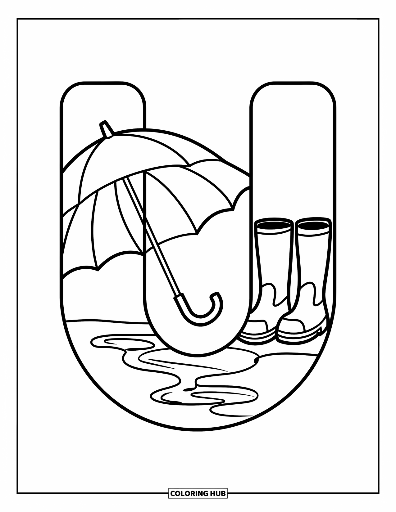 Letter U Coloring Page for Kids: The U is shaped from an umbrella, puddles, and boots