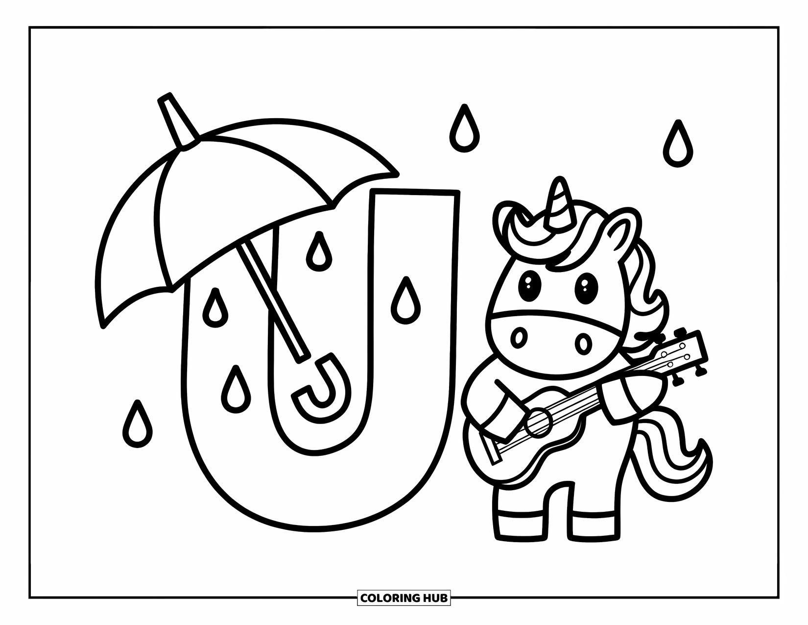Letter U Coloring Page for Kids: U and u hang out with a unicorn, ukulele, and umbrella