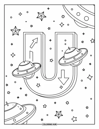 Çocuklar için U Harfi Boyama Sayfası: UFO'lar ve yukarı oklar yıldızlı gökyüzünde dev bir U'nun çevresinde dönüyor