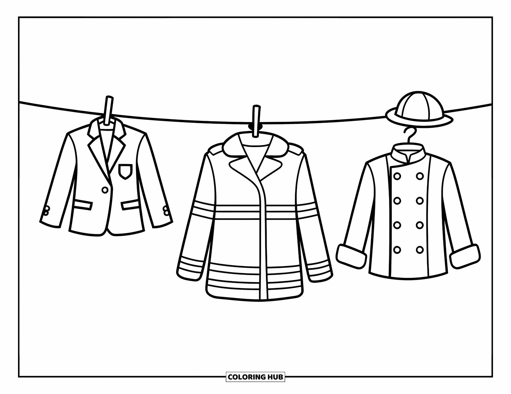 Letter U Coloring Page for Kids: Uniforms for school, firefighting, and cooking hang side by side