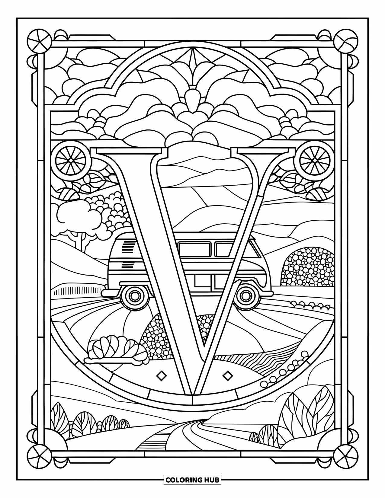 Letter V Coloring Page for Adults: Countryside scene with a van and hills inside a stained glass V