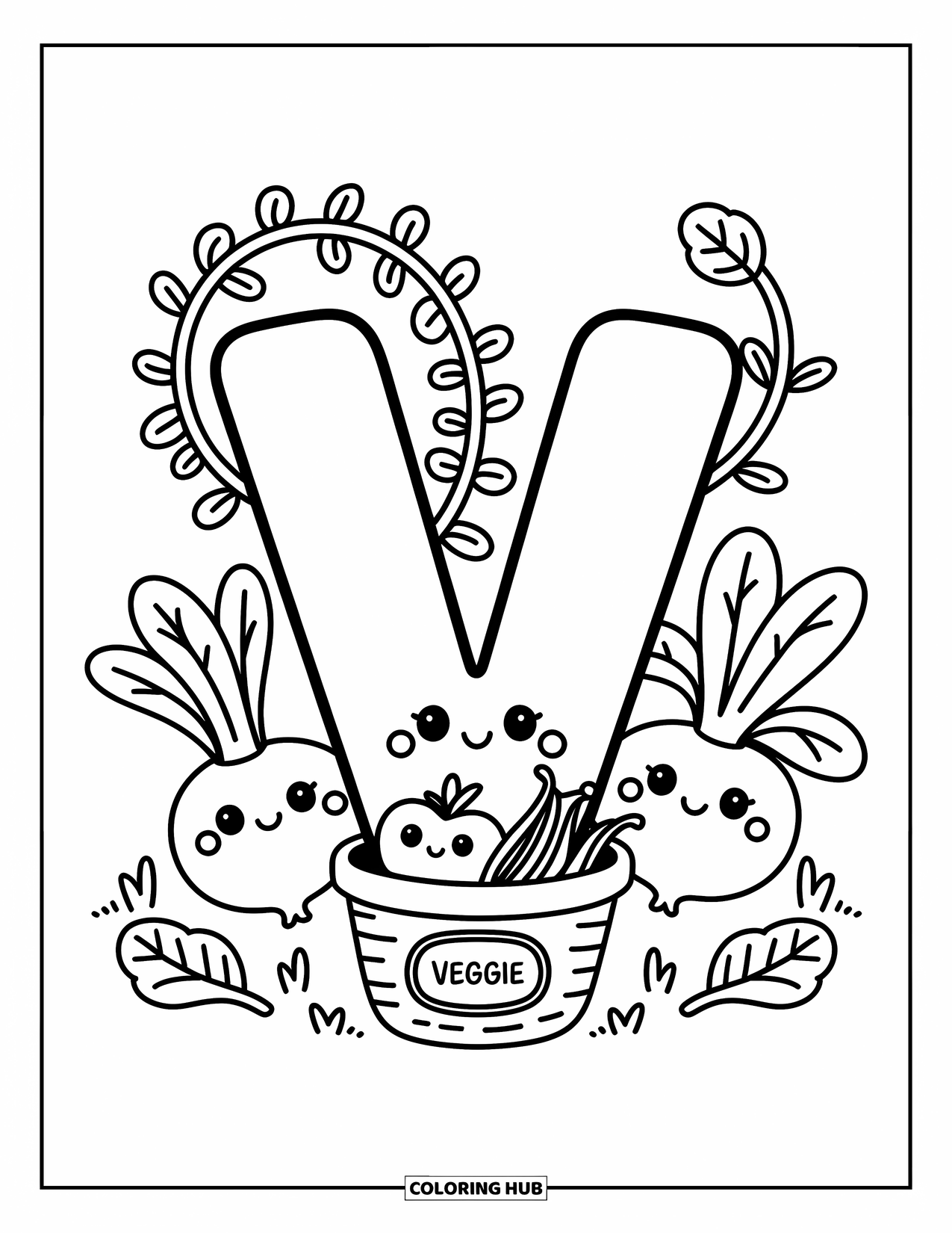 Letter V Coloring Page for Adults: Cute V among peas, vanilla beans, and a basket of veggies