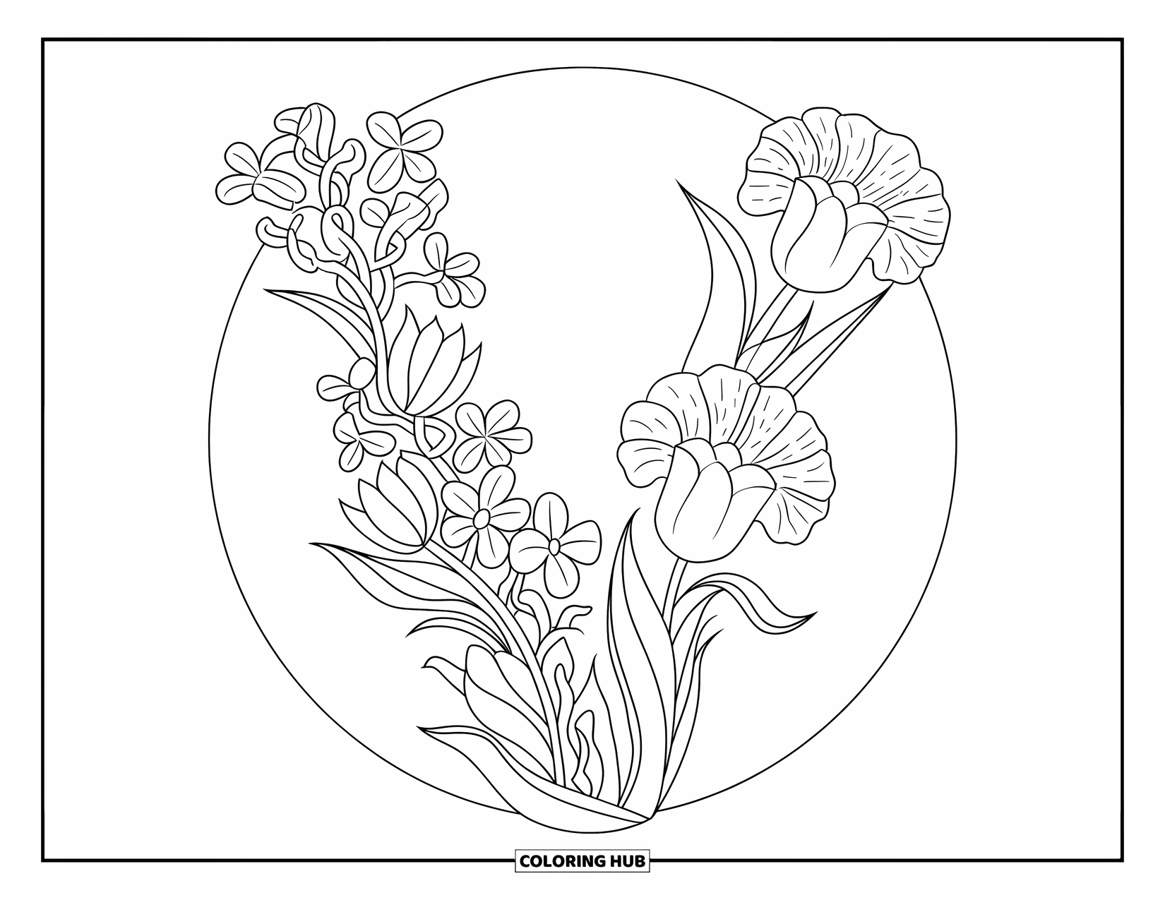 Letter V Coloring Page for Adults: Floral mandala with vines and flowers forms a detailed letter V