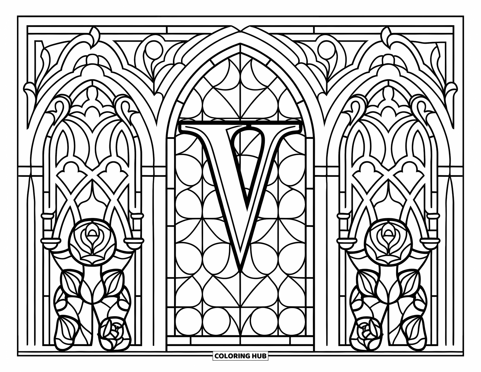 Letter V Coloring Page for Adults: Intricate stained glass with V, roses, and gothic-style patterns