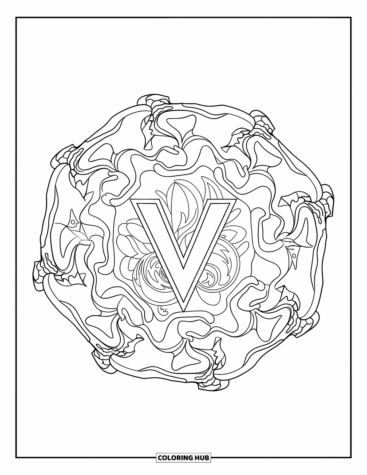 Letter V Coloring Page for Adults: Lava-like mandala design frames a V at the center