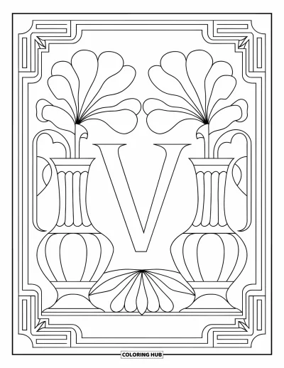 Omalovánka písmene V pro dospělé: Písmeno V obklopené květinovými vázami a detailními ornamenty