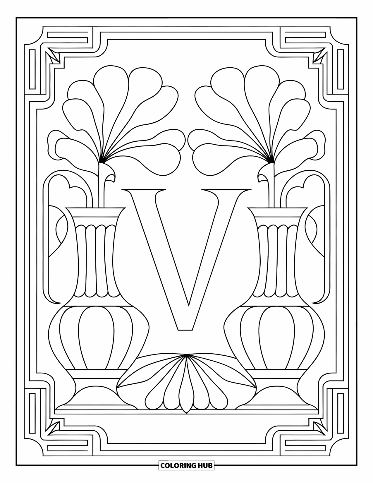 Letter V Coloring Page for Adults: Letter V surrounded by floral vases and detailed borders