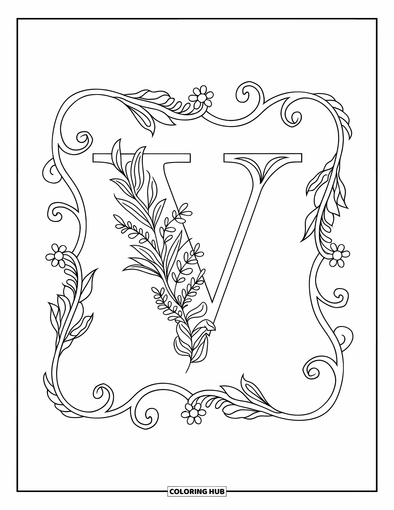 Letter V Coloring Page for Adults: Mandala of vines and swirls wraps around a vertical V