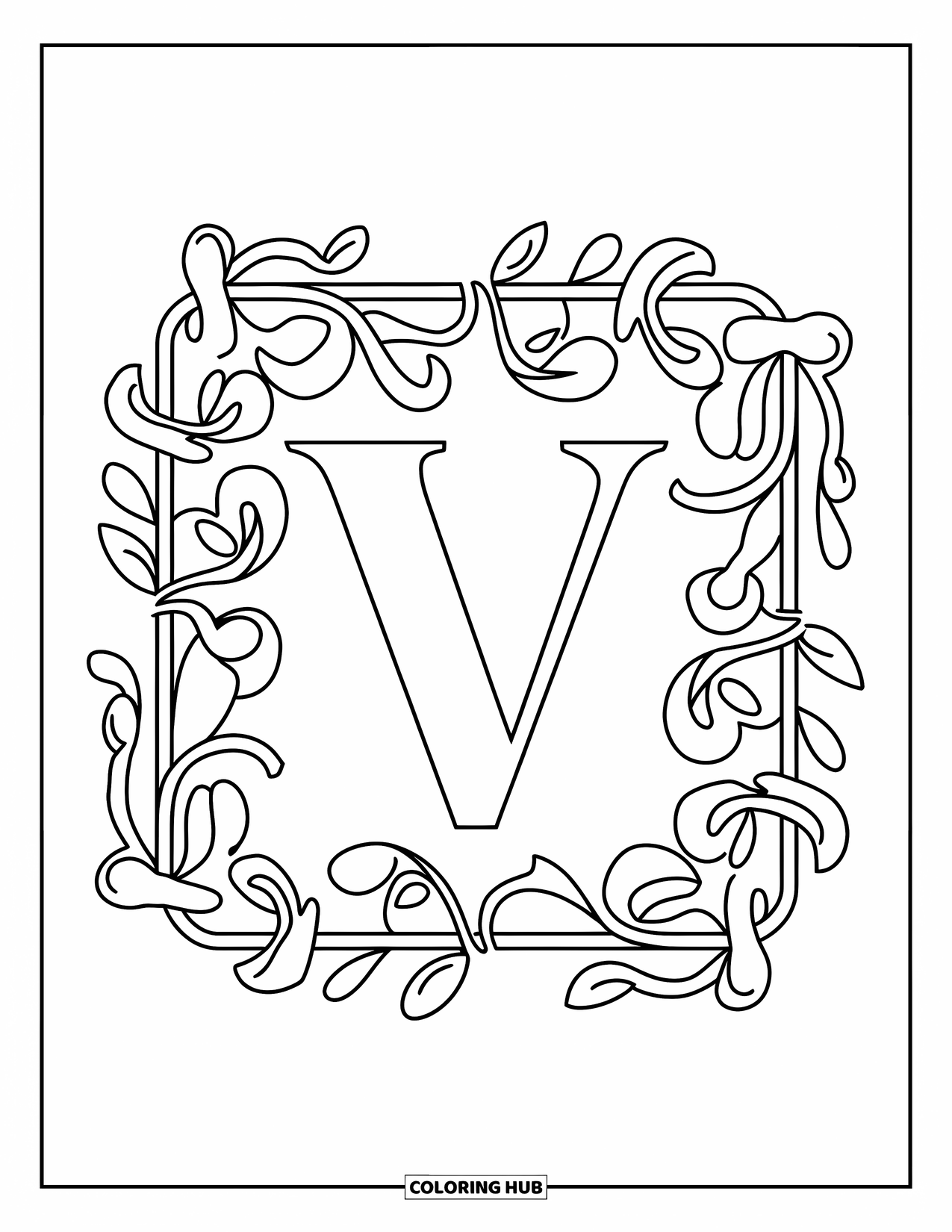 Letter V Coloring Page for Adults: Mandala with vines and swirls frames a bold central V