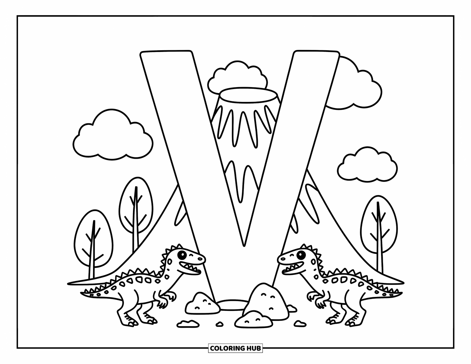 Letter V Coloring Page for Adults: V and a volcano with puff clouds, surrounded by tiny cheerful dinosaurs