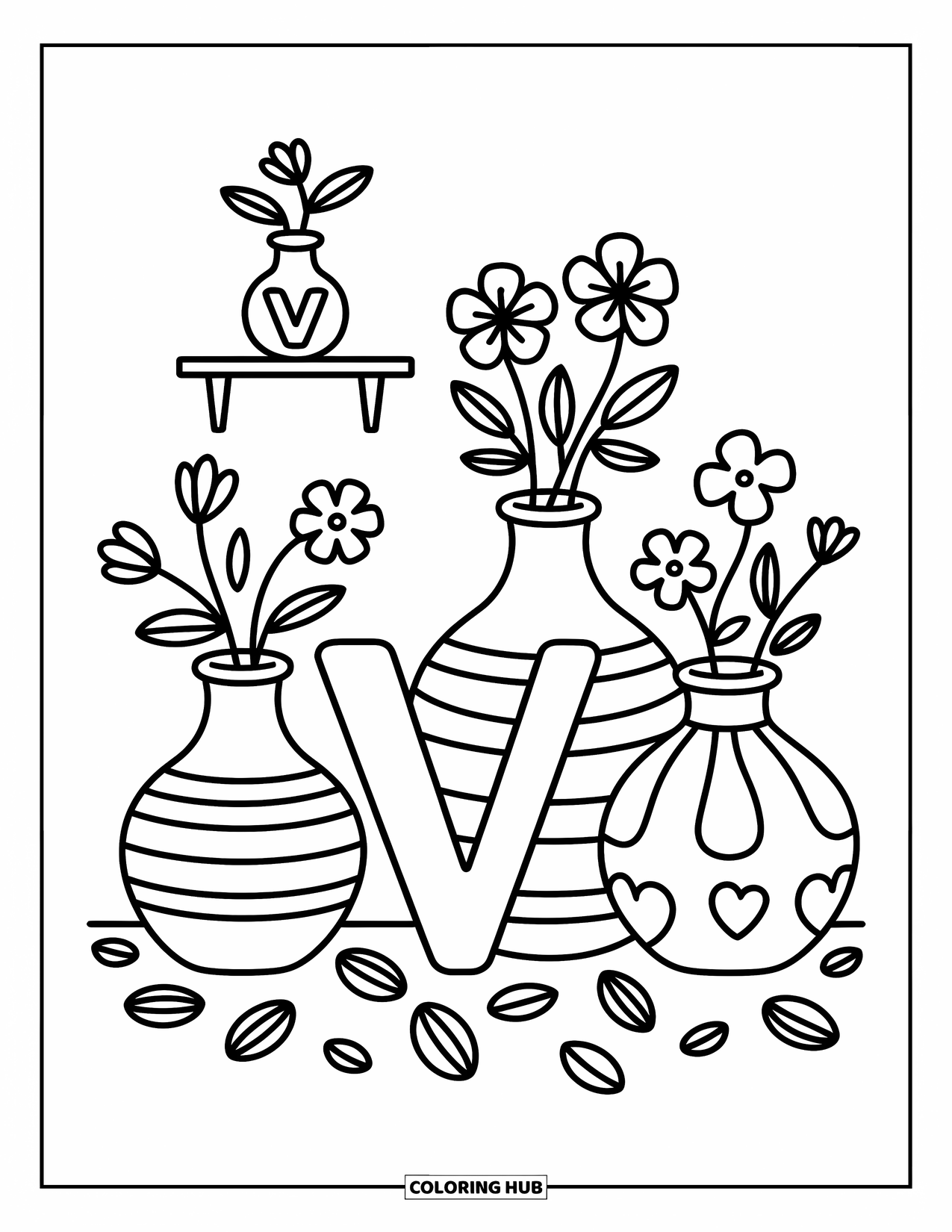 Letter V Coloring Page for Adults: V beside cute vases of violets and petals scattered on the ground